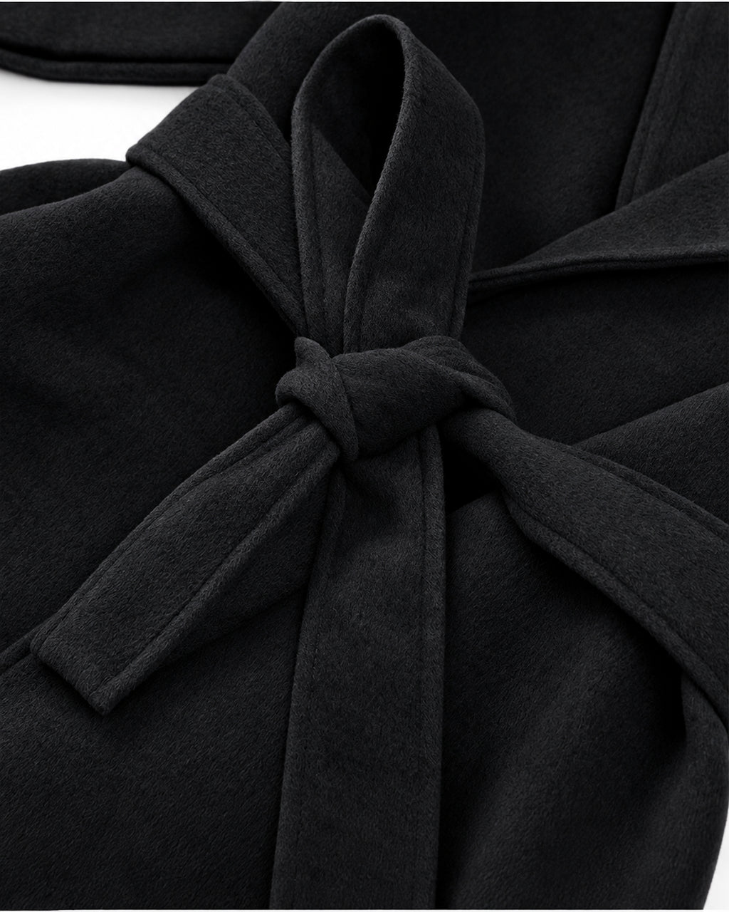 Belted shawl-collar coat in black, tie belt detail
