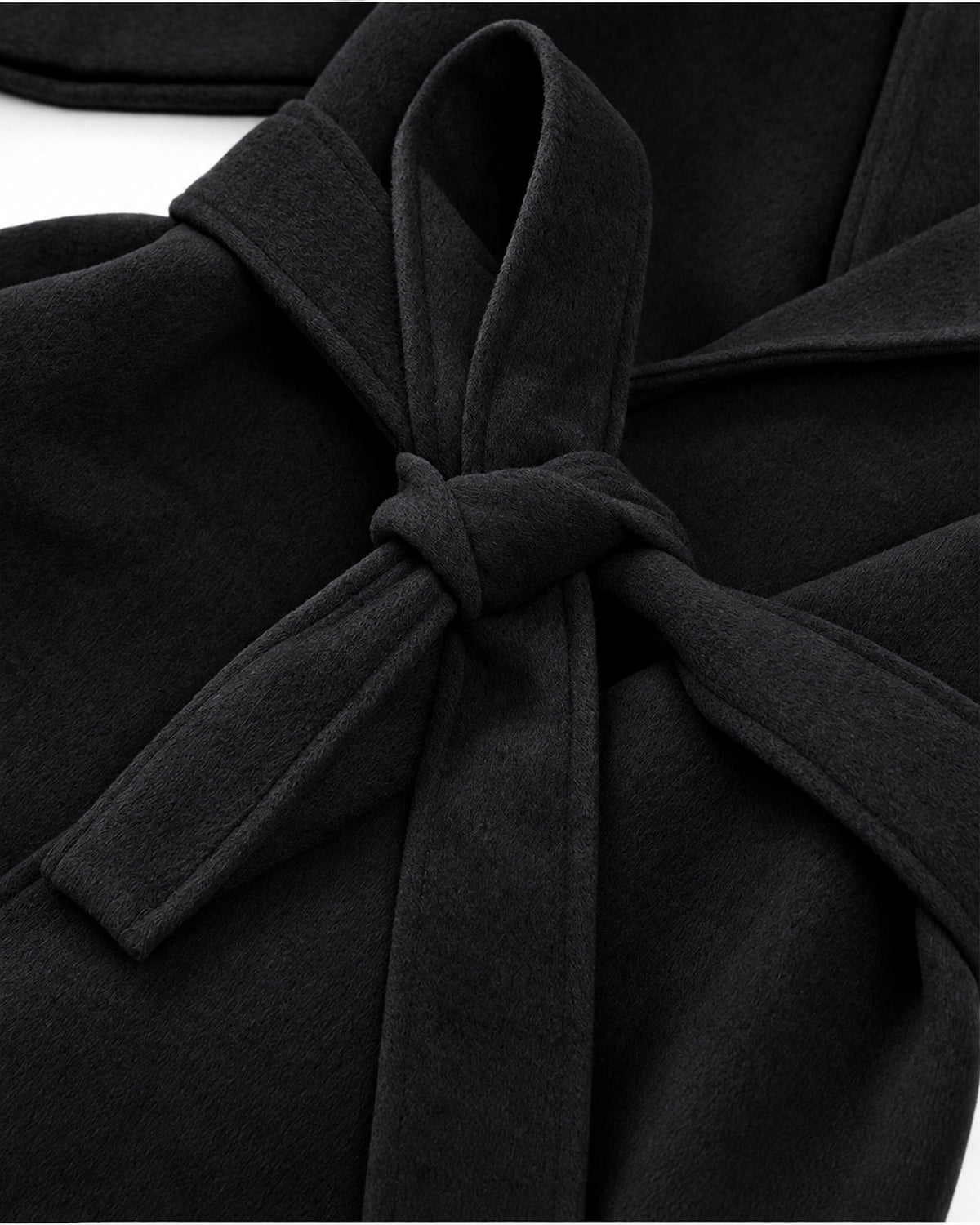 Belted shawl-collar coat in black, tie belt detail