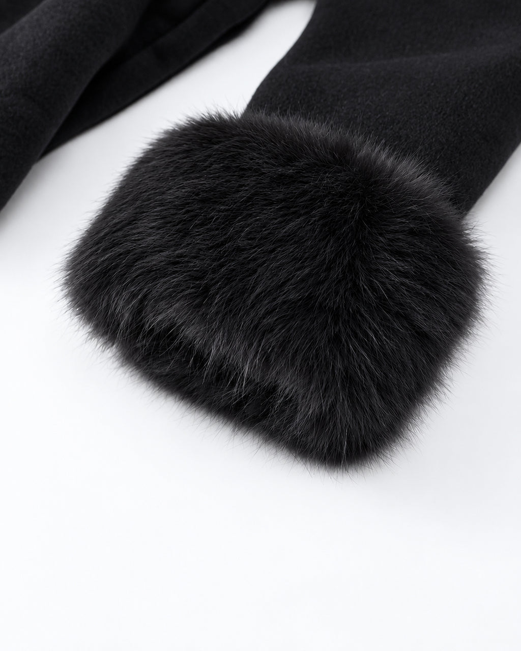 Belted shawl-collar coat in black, fur-trim cuff detail