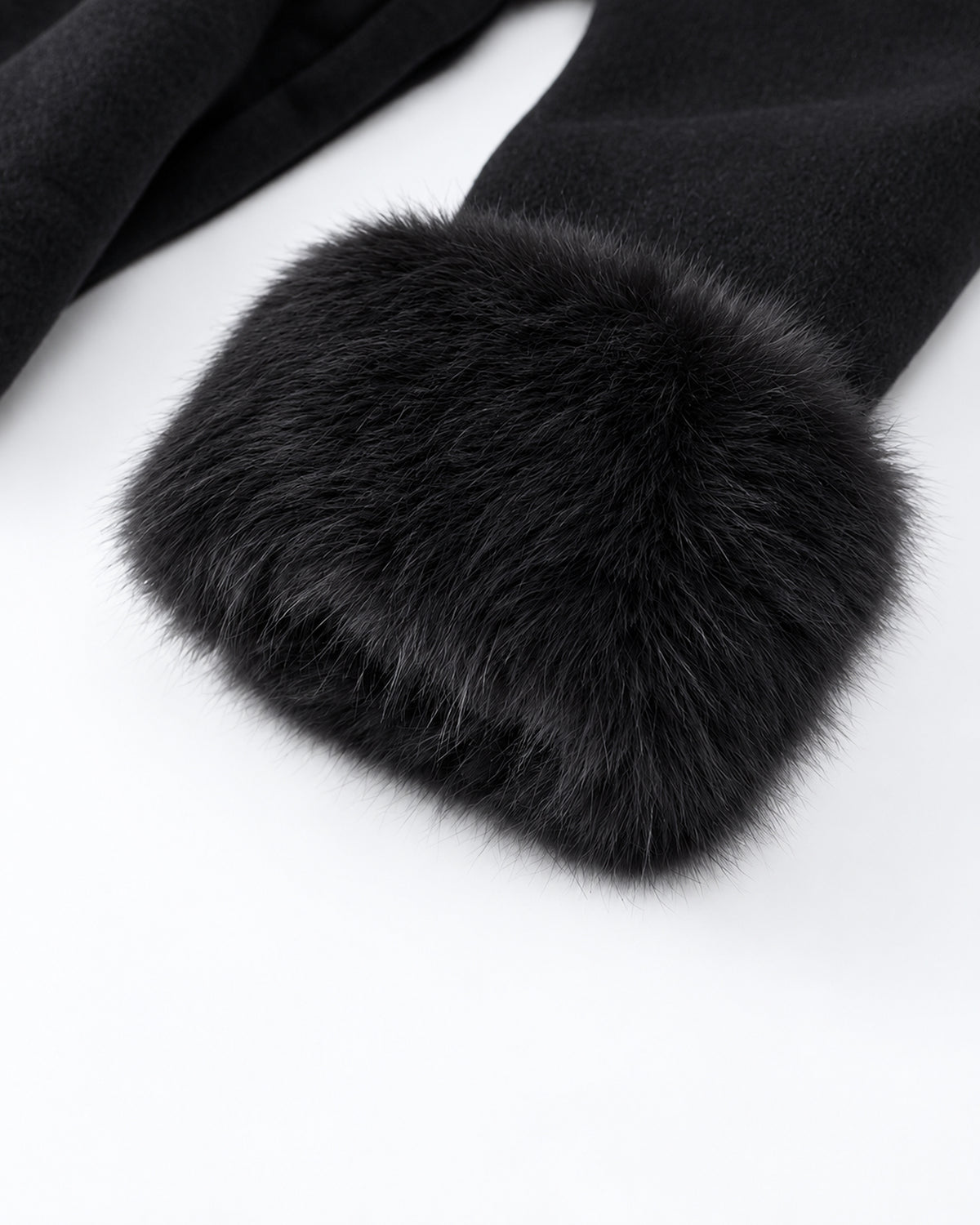 Belted shawl-collar coat in black, fur-trim cuff detail