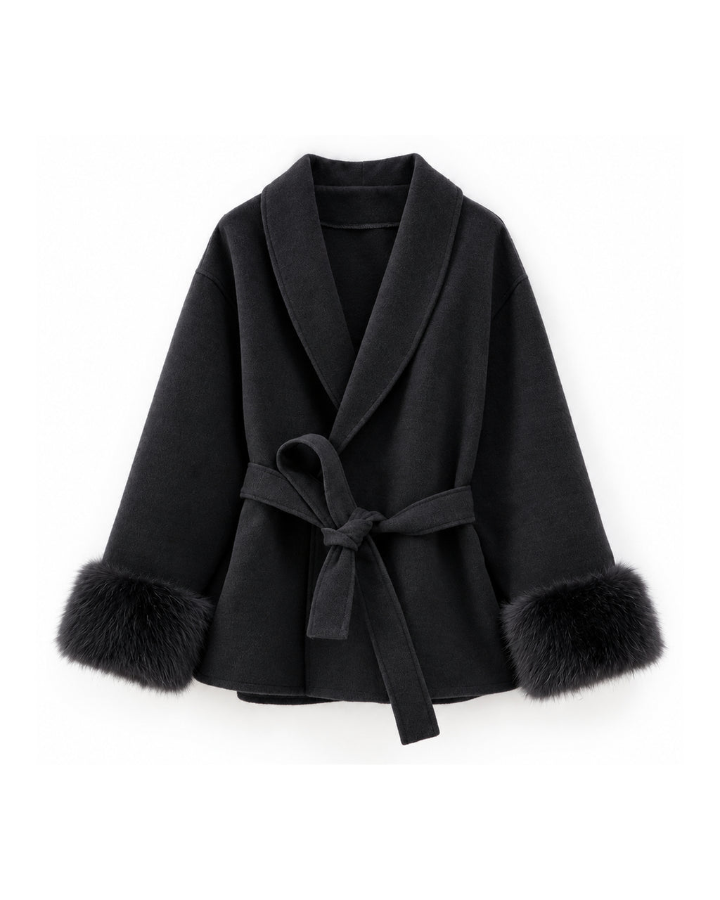 Belted shawl-collar coat in black, front
