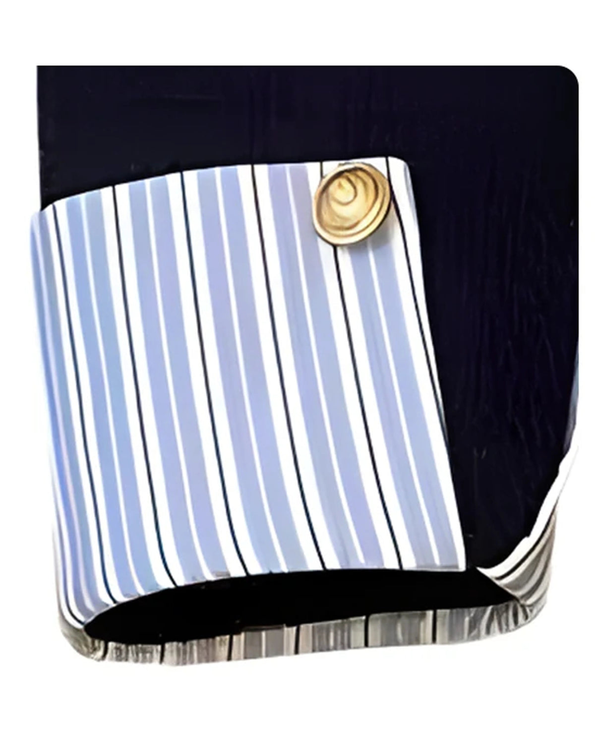 Striped turn-back cuff with gold-tone button on the navy jacket, close-up