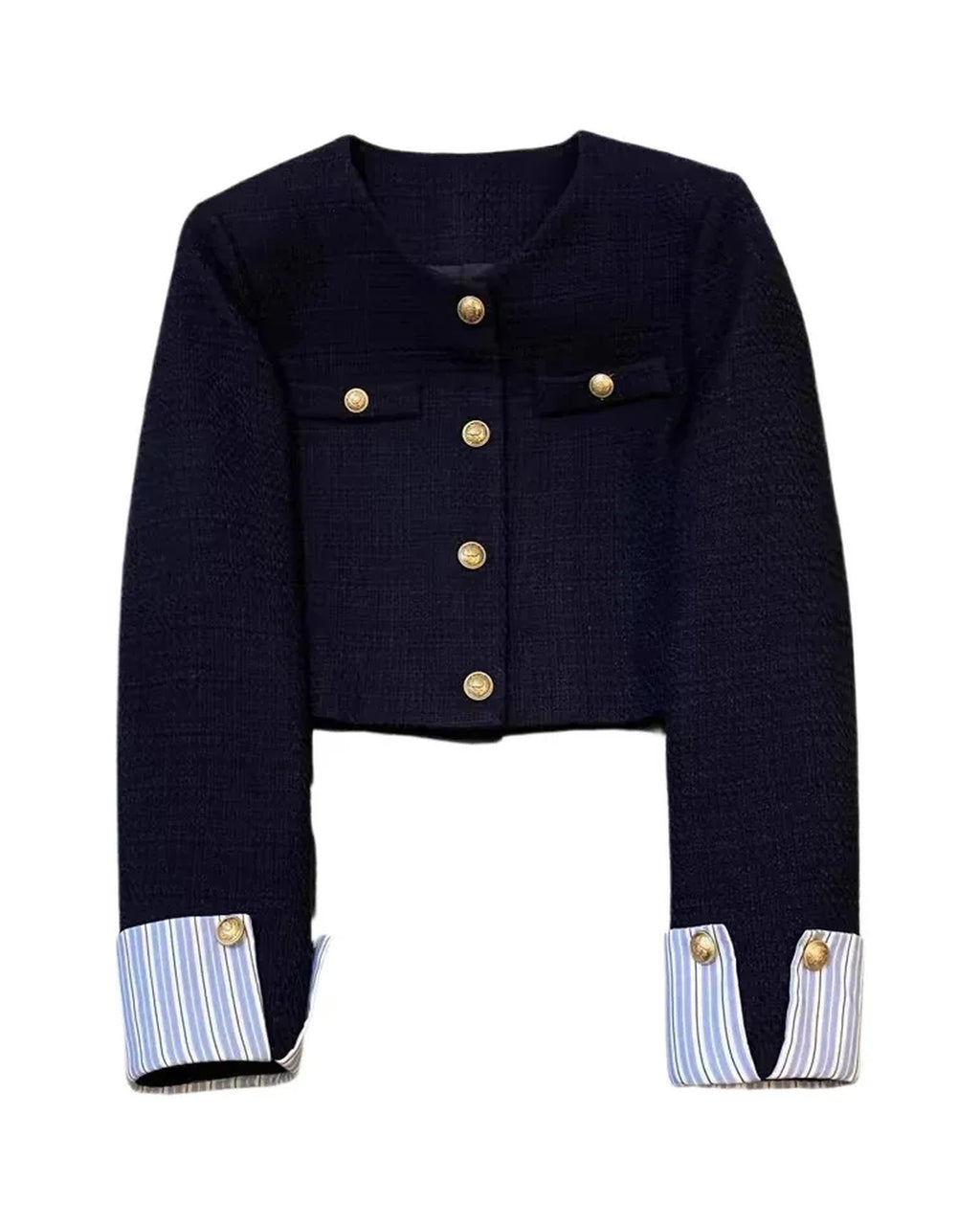 Cropped textured jacket in navy with gold-tone buttons and striped cuffs, front view