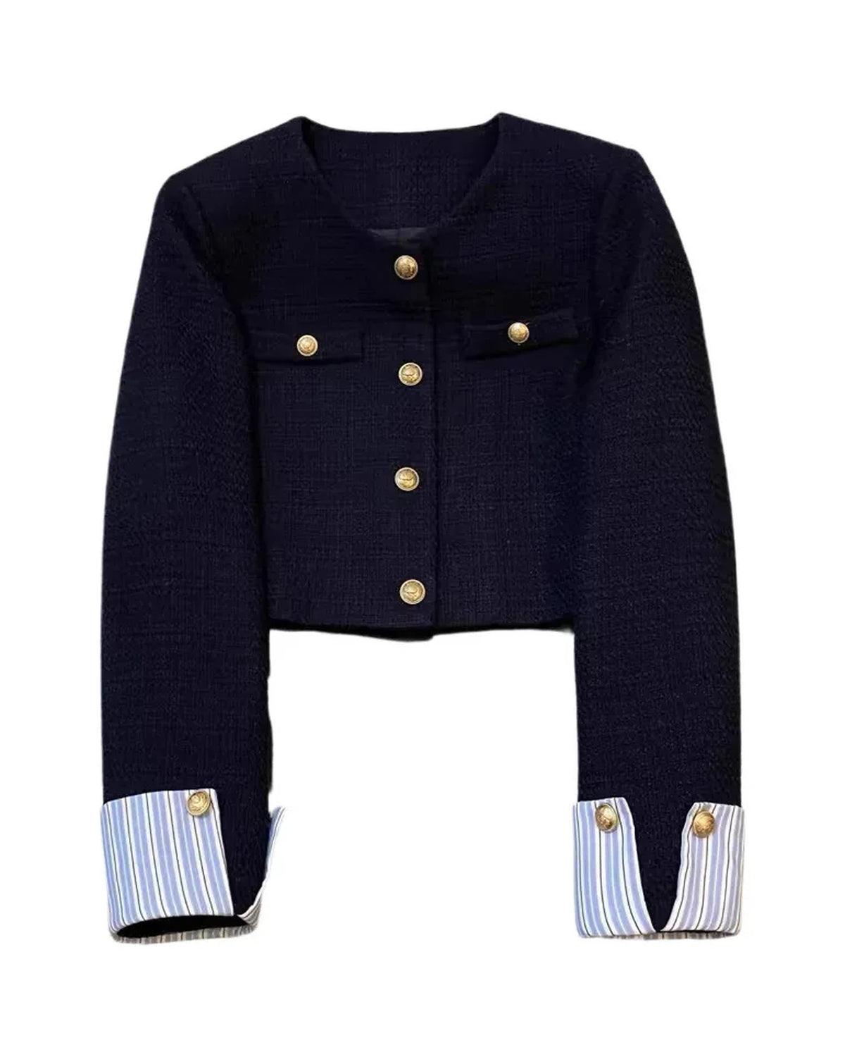Cropped textured jacket in navy with gold-tone buttons and striped cuffs, front view