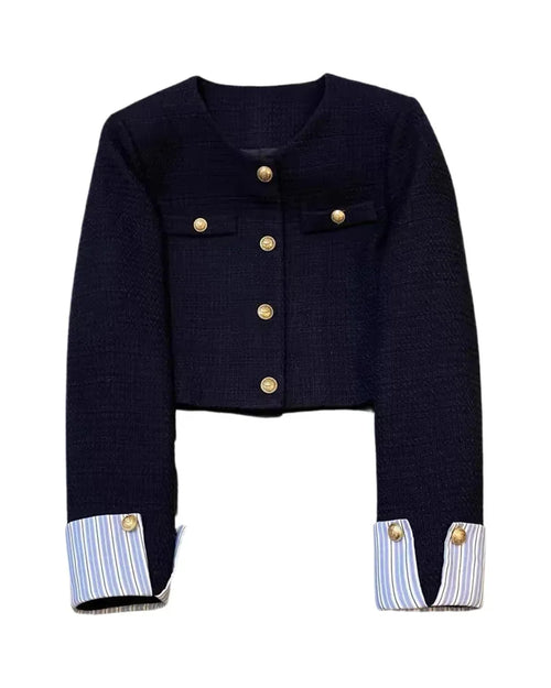 Cropped textured jacket in navy with gold-tone buttons and striped cuffs, front view