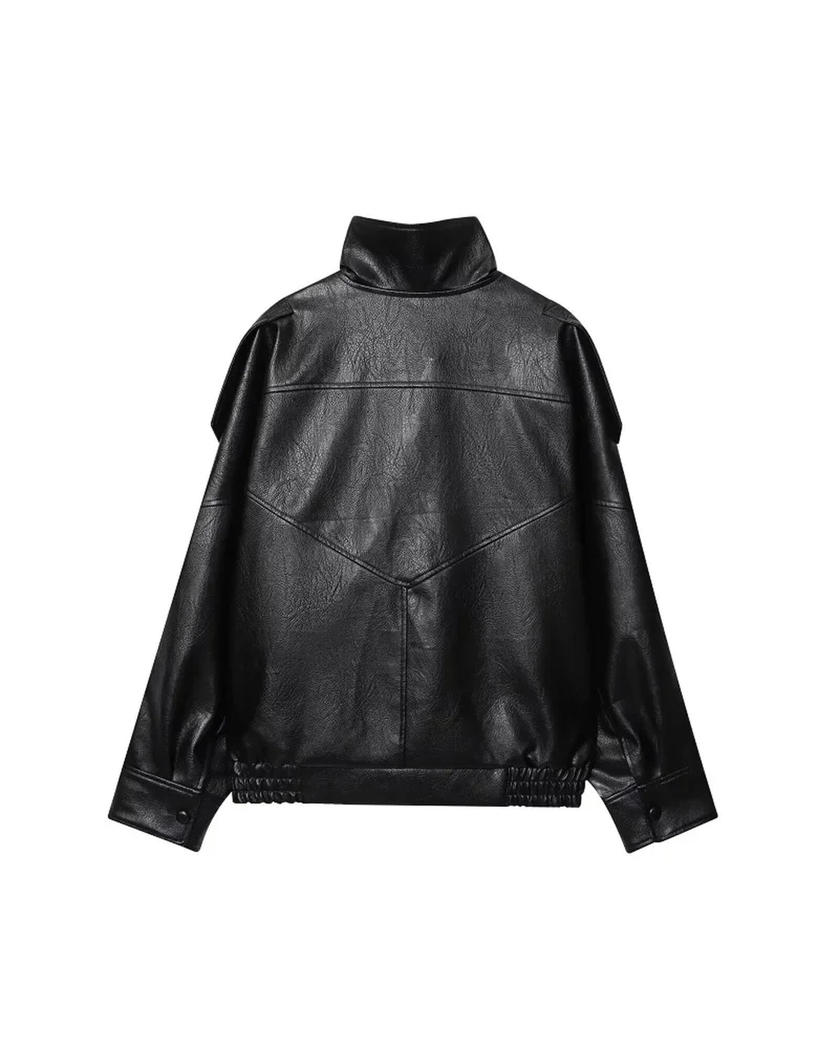 Cropped leather moto jacket in black, back
