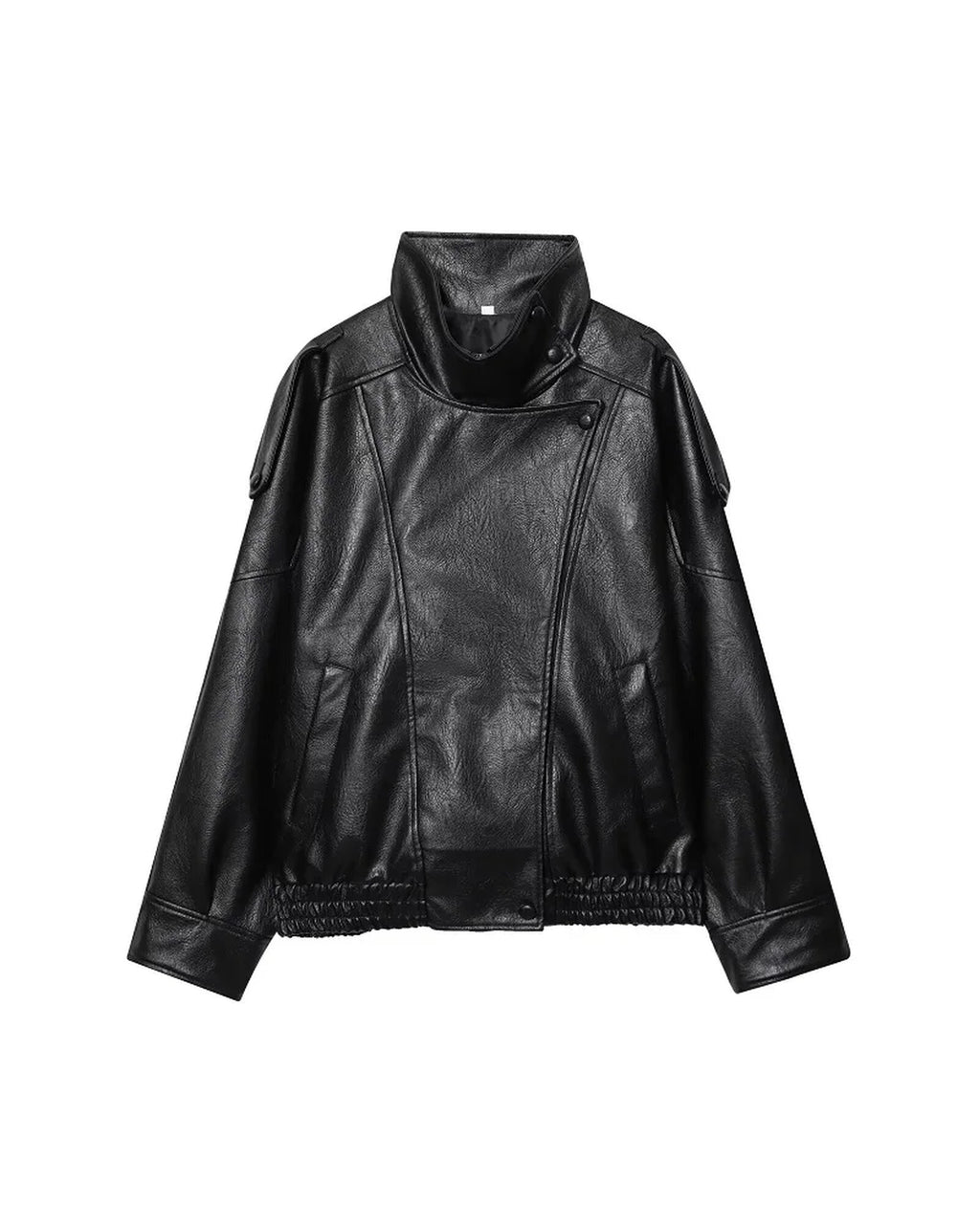 Cropped leather moto jacket in black, front