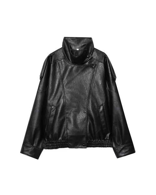 Cropped leather moto jacket in black, front