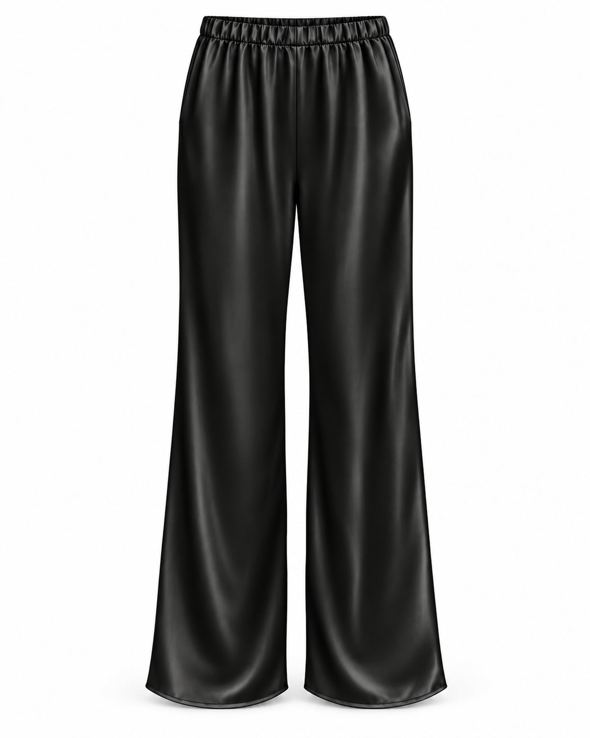 Satin wide-leg trousers in black, front view