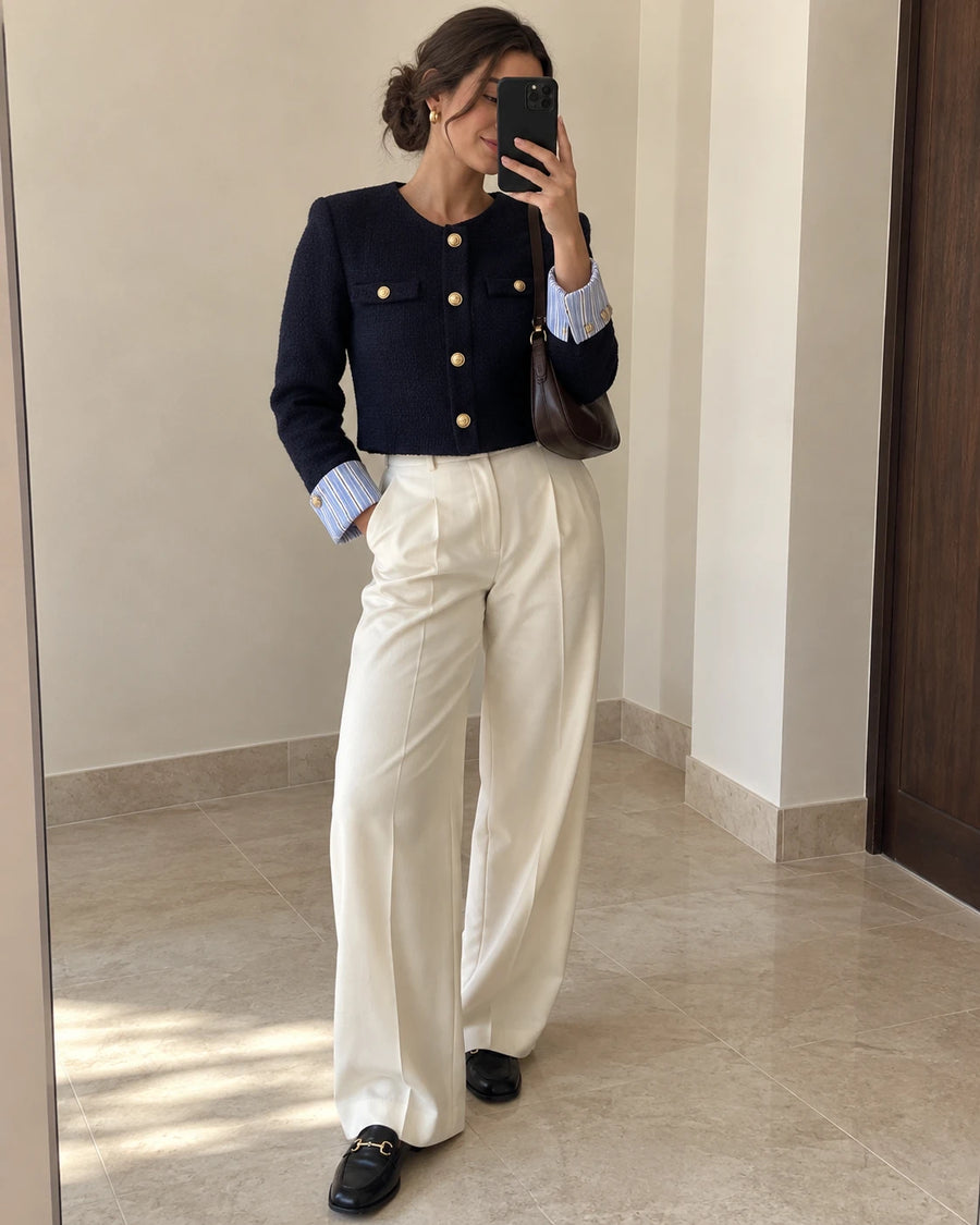 @camille.ln wearing the navy cropped textured jacket