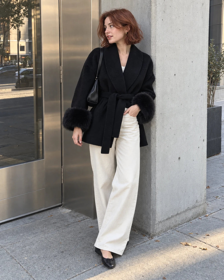 @ines.marie wearing the black belted shawl-collar coat