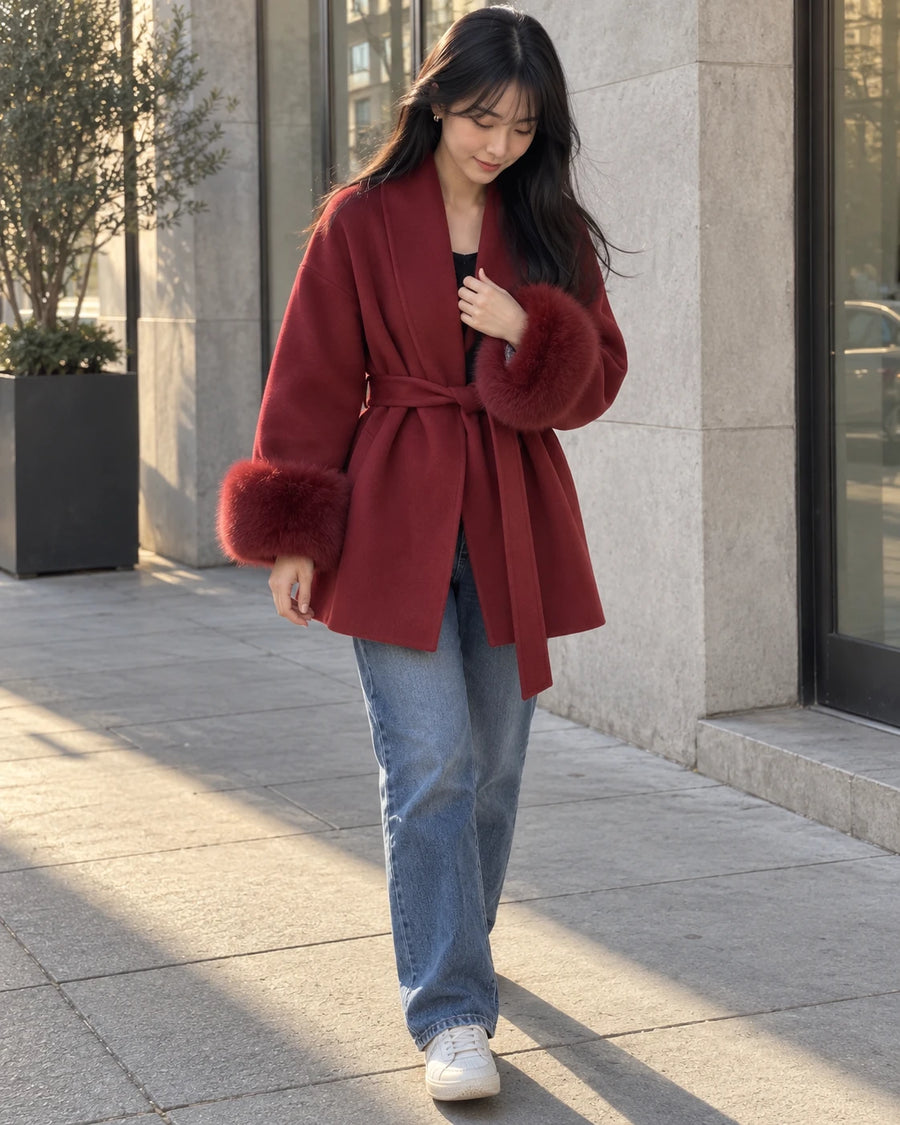 @sofia.conti wearing the wine red belted shawl-collar coat